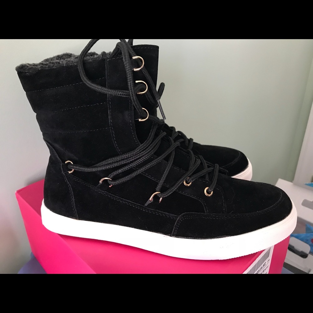 A pair of black high-top sneakers